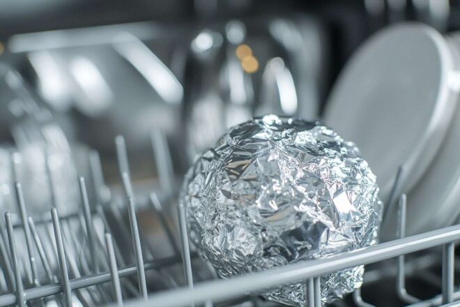 Image d'illustration. Gros plan boule aluminium froissée lave vaisselle