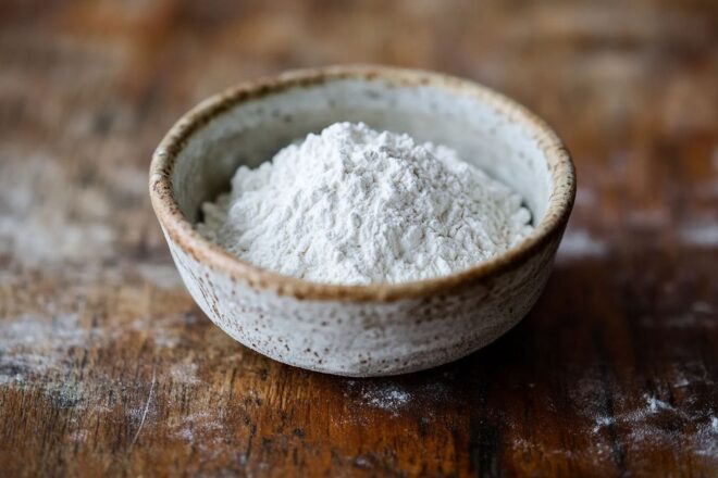 Image d'illustration. Gros plan d un petit bol rempli de poudre blanche sur une table de cuisine en bois
