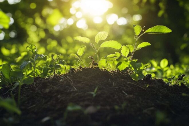 Une vue en grand angle d'un jardin luxuriant avec une fourmilière imposante, éclairée par la lumière du soleil.