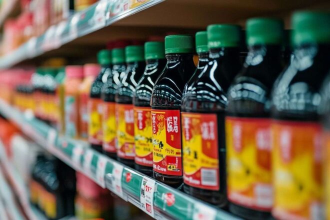 Gros plan de bouteilles de sauce soja sur étagères de supermarché