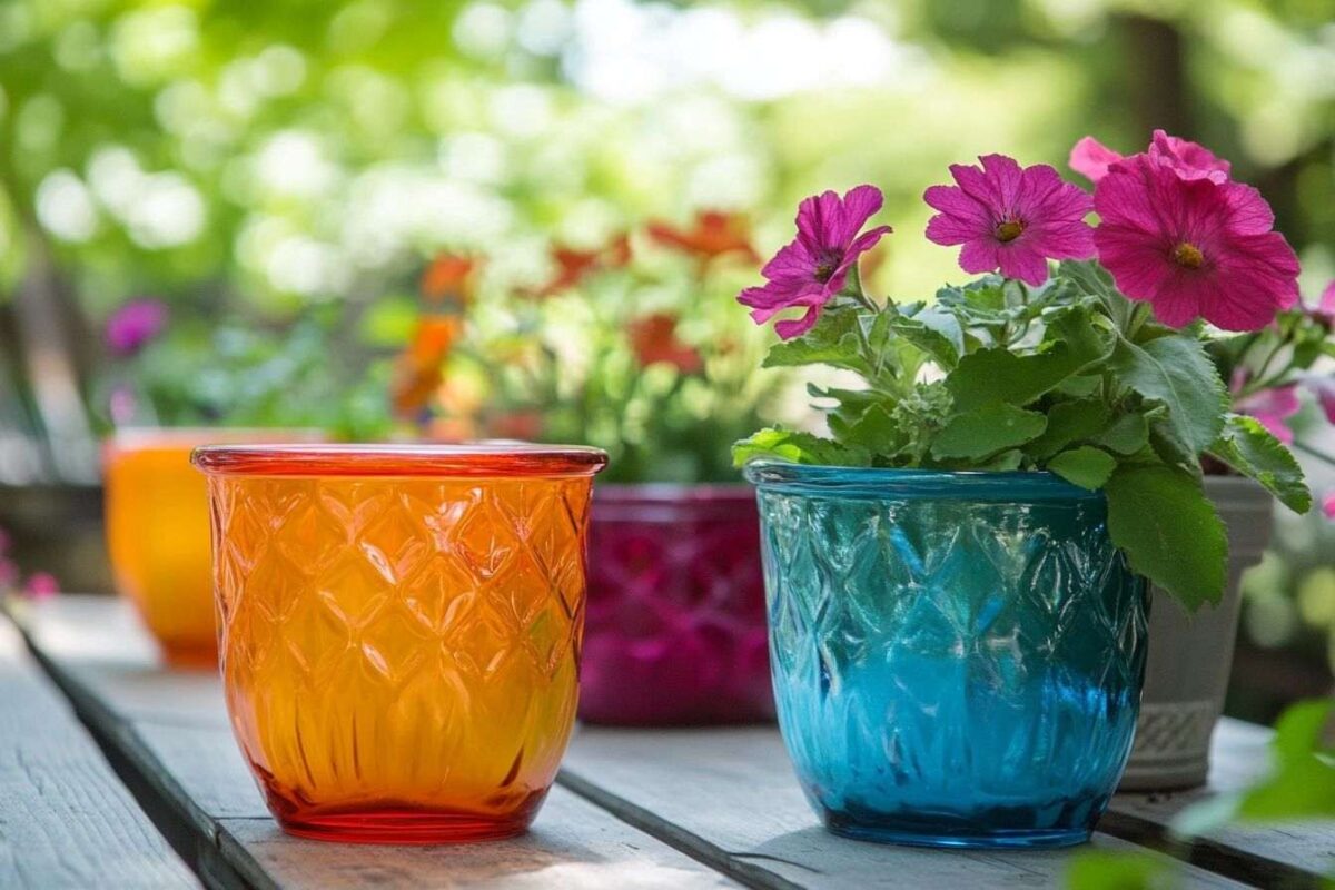 Verrerie vintage transformée en pots de fleurs colorés