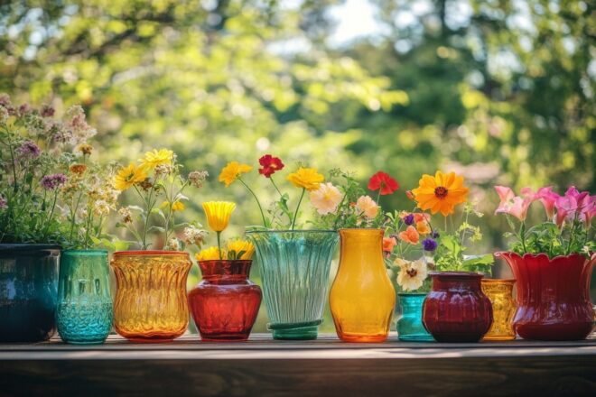 Verrerie vintage transformée en pots de fleurs colorés