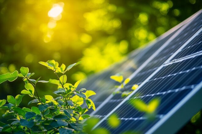 Gros plan sur des cellules solaires capturant la lumière du soleil avec de la verdure autour.