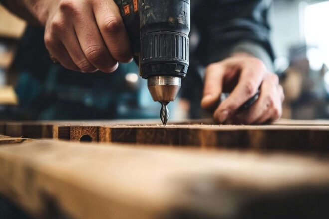 Image d'illustration. Gros plan des mains assemblant des pièces de bois avec une perceuse électrique