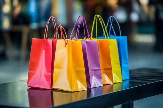 Image d'illustration. Sacs colorés sur table de café chic