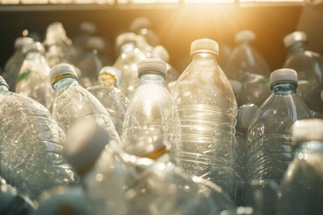 Une pile de bouteilles en plastique vides collectées dans un bac de recyclage, la lumière du soleil traversant le plastique transparent.
