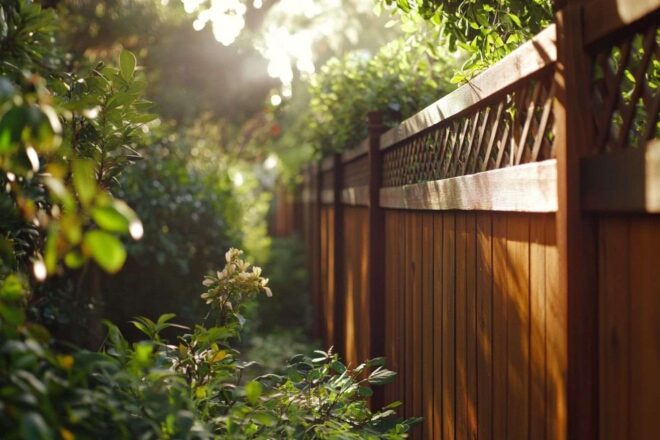 Large vue d'une clôture en séquoia entourant un jardin luxuriant, avec le soleil perçant à travers les feuilles.