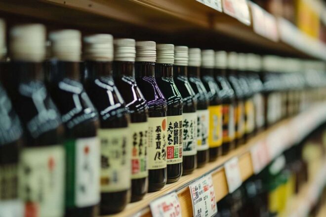 Image d'illustration. Gros plan de bouteilles de sauce soja sur étagères de supermarché