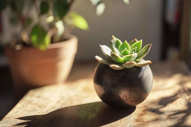 Image d'illustration. Sphère succulente sur table en bois rustique