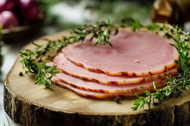 Tranche fine de jambon disposée avec élégance sur une planche en bois entourée d'herbes fraîches.