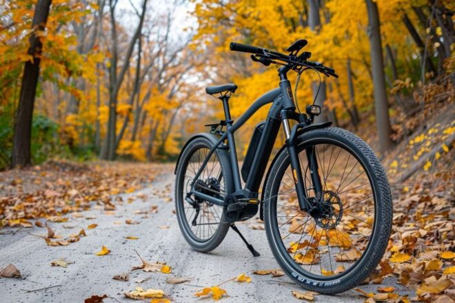 Vue pittoresque d un vélo électrique sur un sentier sinueux en automne
