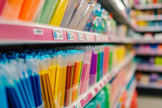 Une présentation éclatante d'articles de papeterie colorés soigneusement disposés sur une étagère de supermarché.