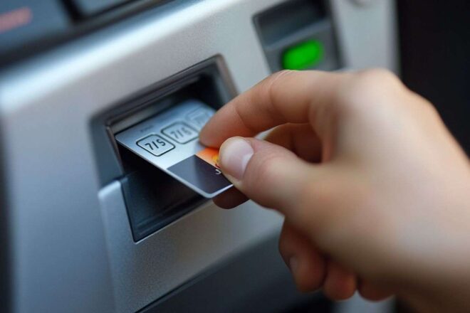Une main insère une carte dans un distributeur automatique, montrant le clavier de la machine.