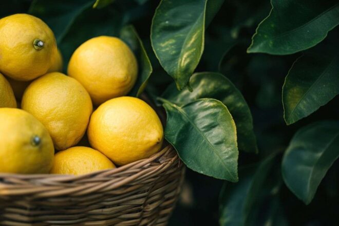 Une image de citrons entiers nichés dans un panier en osier, mise en valeur par un fond de feuilles vertes.