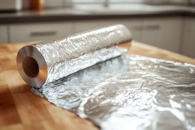 Une image détaillée d'un rouleau de papier aluminium brillant reposant sur un comptoir de cuisine en bois. L'éclat du métal contraste avec la texture naturelle du bois.