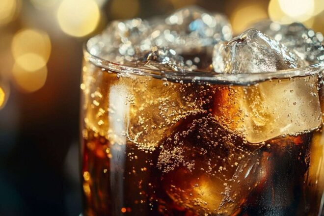 Un gros plan captivant d'un verre rempli de soda foncé avec des glaçons scintillants sous une lumière vive.