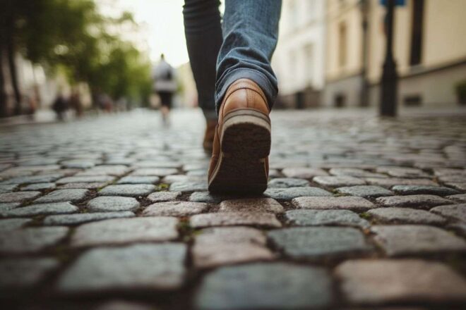 Gros plan sur des pieds marchant sur un chemin pavé, mettant en valeur la texture du patrimoine de la ville.