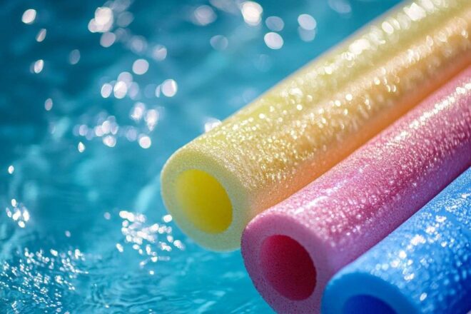 Des nouilles de piscine aux couleurs vives flottant dans l'eau bleue étincelante d'une piscine sous le soleil estival.