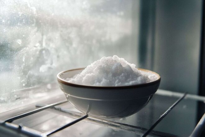 Bol de bicarbonate de soude placé sur une étagère du réfrigérateur pour absorber les odeurs dans une cuisine conviviale.