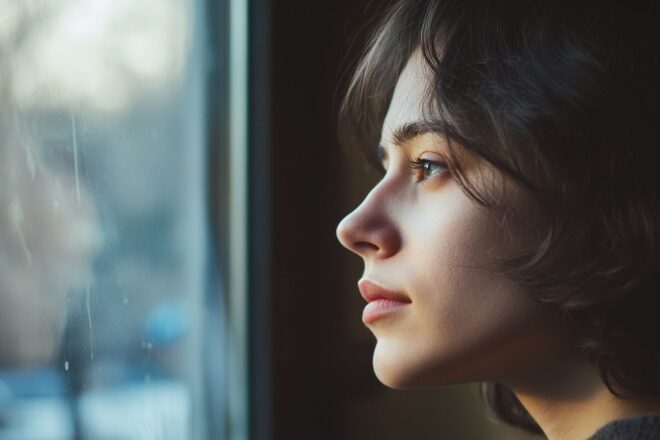 Gros plan d'une personne pensive regardant par la fenêtre, méditant sur les nuances de l'existence.