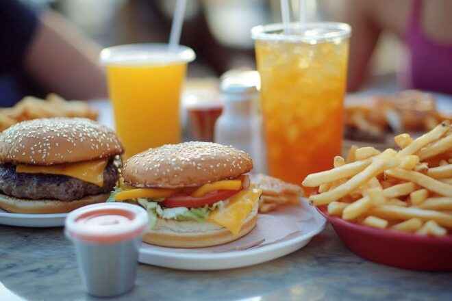Une table vibrante remplie de plats typiques de fast-food, mettant en valeur des burgers colorés, des frites et des boissons rafraîchissantes.