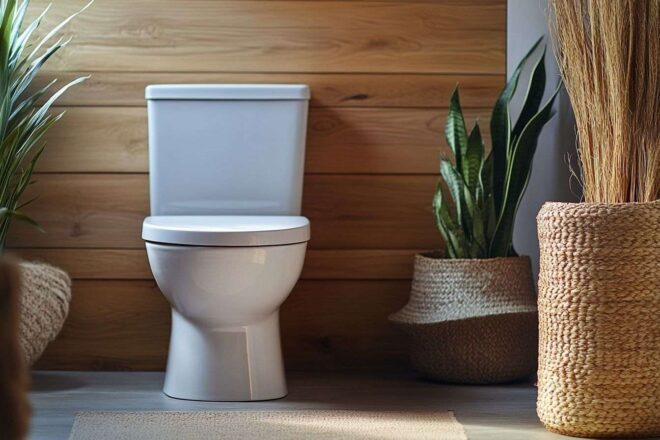 Une salle de bain épurée avec une toilette blanche immaculée entourée d'accents de bois naturel