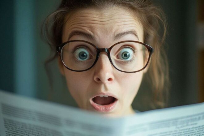 Un gros plan captivant montrant l'expression surprise d'une personne découvrant un document avec des yeux écarquillés et la bouche légèrement ouverte.