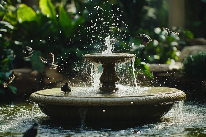 Vue du jardin avec une fontaine en pierre où des oiseaux s’ébattent joyeusement dans l'eau.