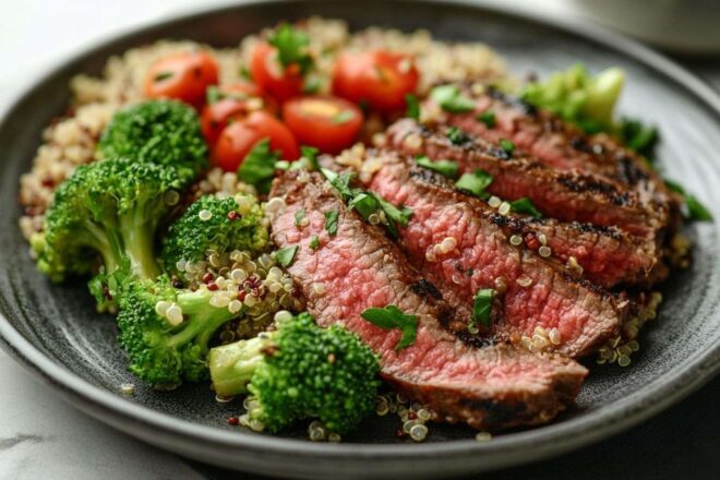 Assiette colorée de bœuf grillé avec quinoa et brocoli