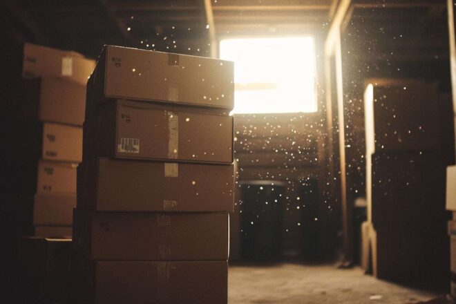 Boîtes en carton empilées dans un garage