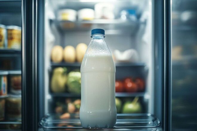 Bouteille de lait en plastique dans un réfrigérateur moderne