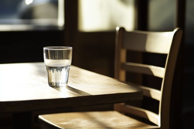 Chaise vide et verre à moitié plein