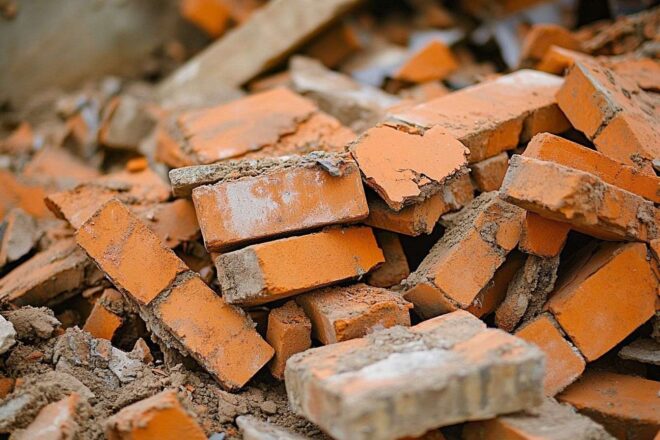 Détail de briques cassées sur chantier