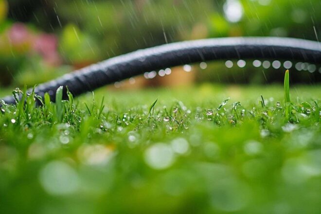 Gouttelettes d eau sur tuyau d arrosage