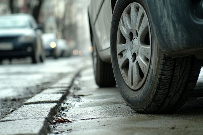 Gros plan d une roue avant de véhicule sur le trottoir en ville