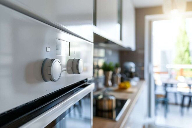 Gros plan sur une chaudière à gaz moderne dans une cuisine lumineuse