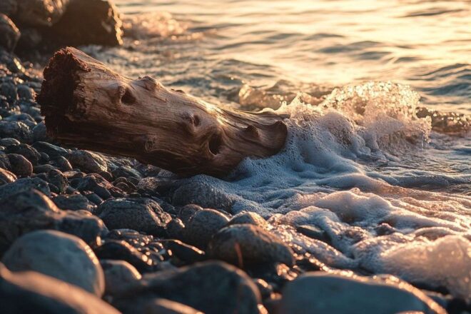 Bois flotté sur rivage rocheux au coucher du soleil