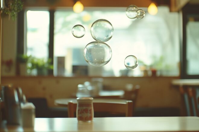 Bulles de pensée vides flottant au dessus d une table