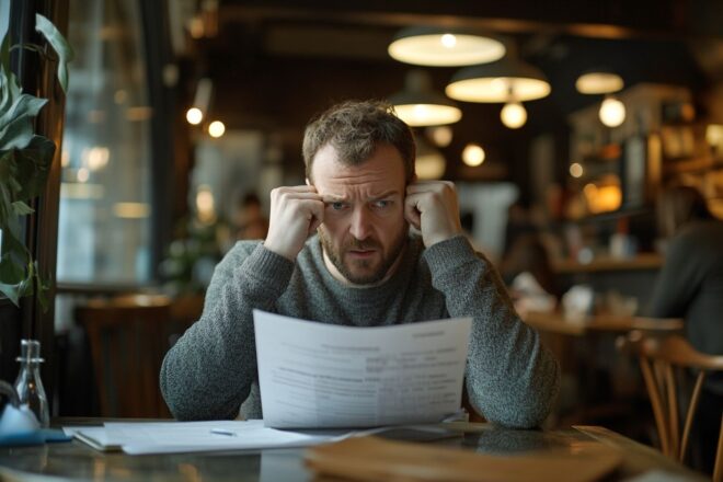 Client préoccupé évaluant frais bancaires dans contexte coût de vie augmenté