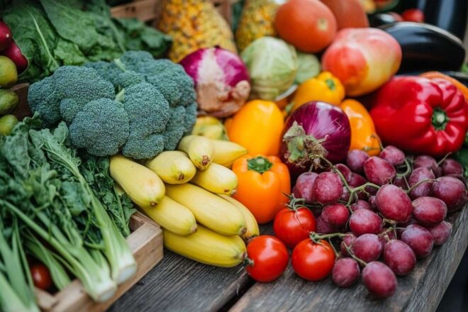 Fruits et légumes fraîchement récoltés sur une table rustique