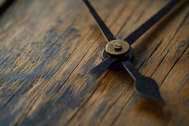 Gros plan des aiguilles d horloge sur fond en bois texturé