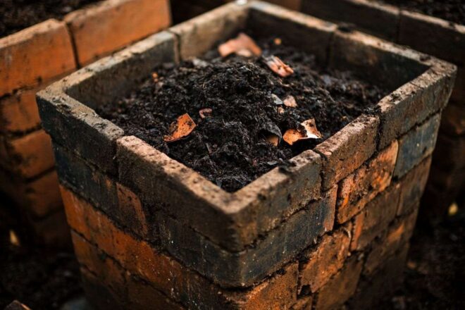 Gros plan d un bac à compost en briques anciennes