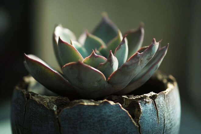 Gros plan sur une succulente dans un vase fissuré