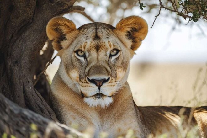 Lionne majestueuse sous un acacia