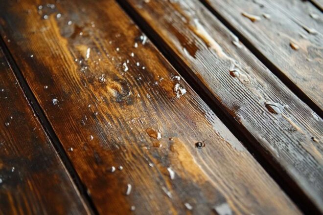 Meuble en bois terni avec marques d eau
