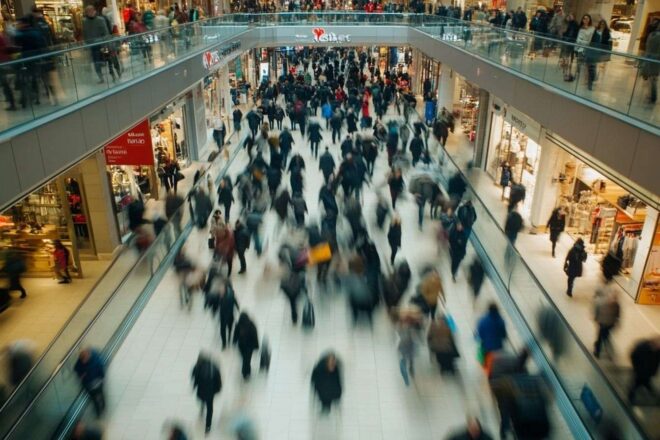 Vue aérienne du centre commercial animé de black friday
