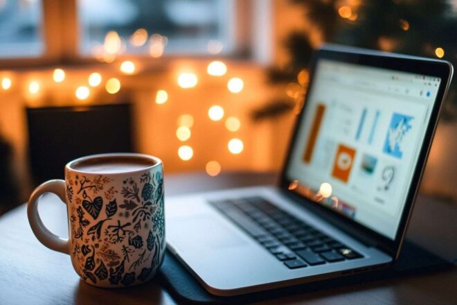 Bureau confortable avec ordinateur portable et tasse de café à thème vacances