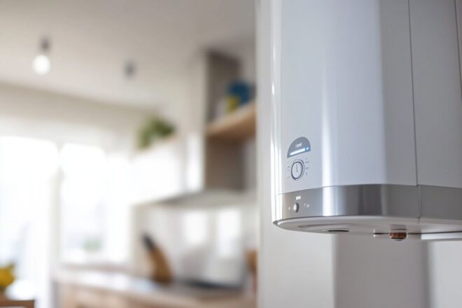 Gros plan d'un chauffe-eau moderne avec écran numérique