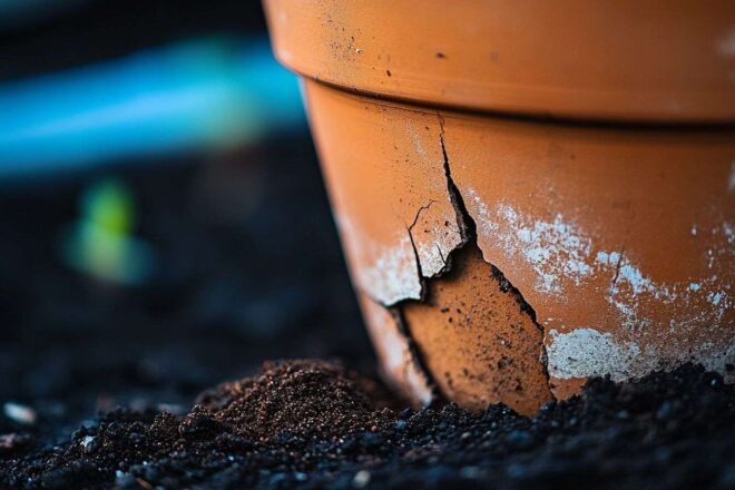 Gros plan d un pot de fleurs fissuré