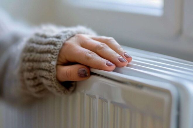 Main posée sur un radiateur chaud